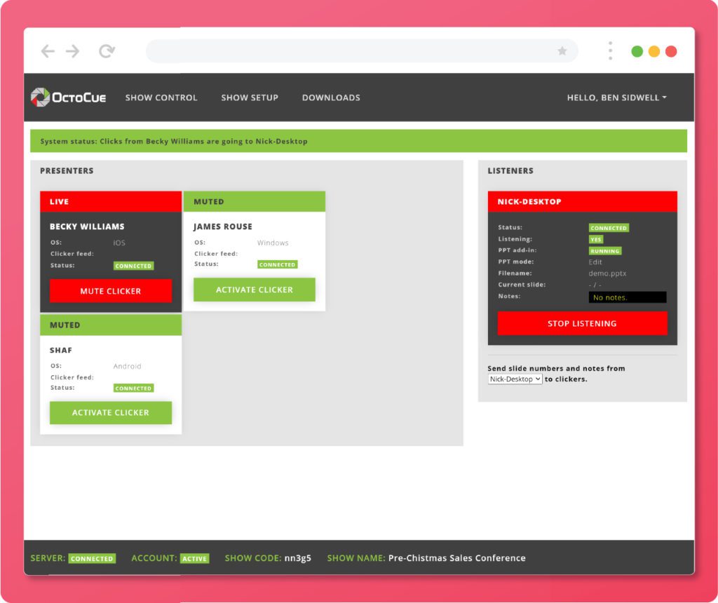 OctoCue host website interface for powerpoint and google slides control.