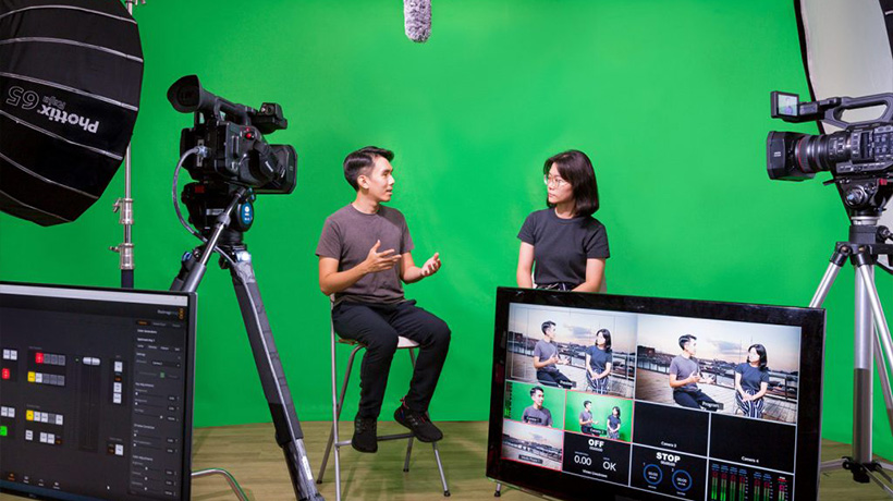 Recording a corporate interview for video production.