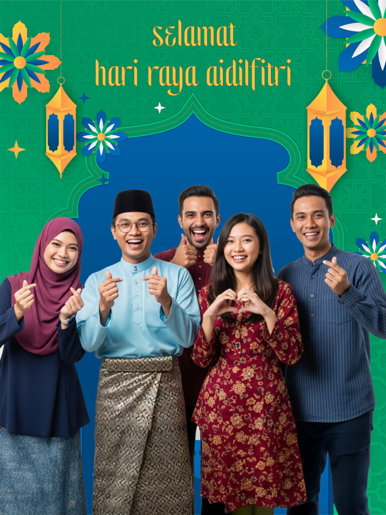 Festive Hari Raya photo booth with green and gold decorations, traditional ketupat patterns, lanterns, and crescent moon accents, designed for corporate and community celebrations, capturing the spirit of reunion and joy.