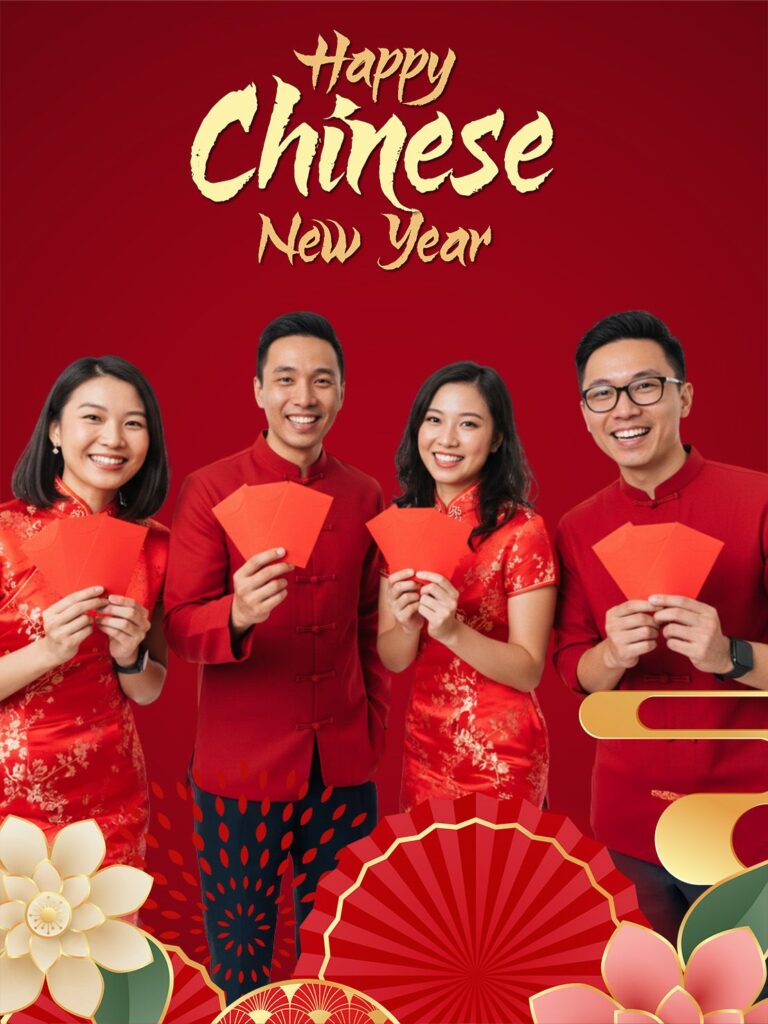 Modern Huat: A festive and auspicious layout designed for the Lunar New Year. We utilize bold auspicious patterns and digital "Ang Pao" elements to make your festive greetings pop.
Chinese New Year Modern Huat virtual backdrop photobooth