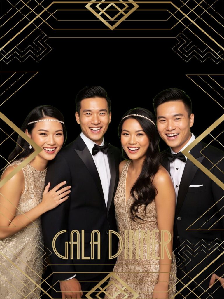 The Grand Gala: Sleek, sophisticated, and timeless. This black-and-gold Art Deco design is curated specifically for corporate D&Ds and prestigious award ceremonies.
Gala Dinner Black and Gold virtual backdrop photobooth layout