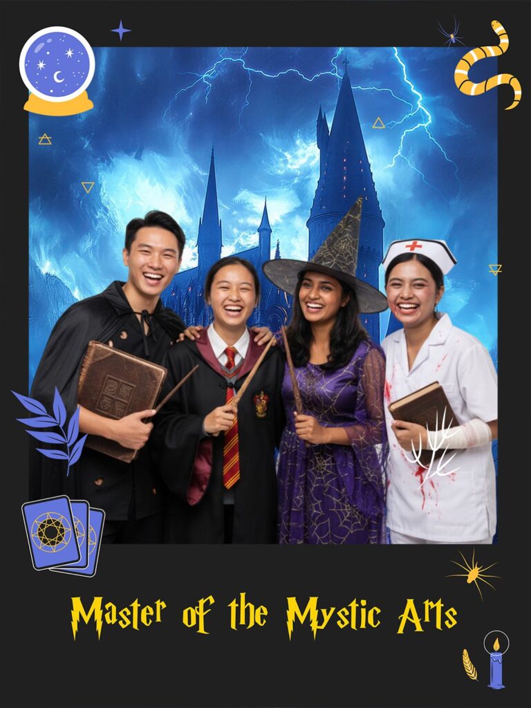 The Wizard's Hall: A moody, cinematic experience featuring house-themed overlays and magical props. Our Virtual Backdrop perfectly mimics a grand wizarding academy without the need for physical sets.
Harry Potter themed virtual backdrop photobooth by Vivid Snaps
