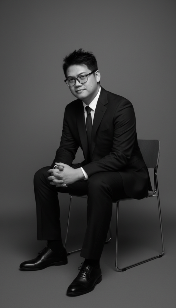 Black and white studio portrait of a seated male executive in a dark suit, captured by our AI portrait service Singapore.