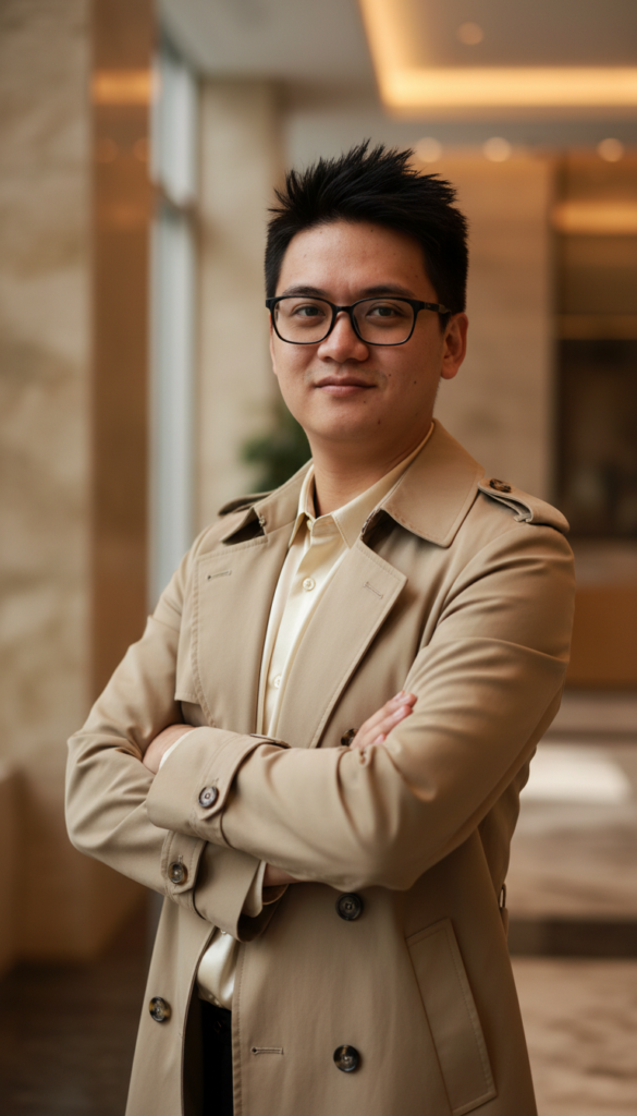 Male professional in a beige coat with crossed arms, featuring a warm corporate lobby background generated by Vivid Media's AI portrait service Singapore.