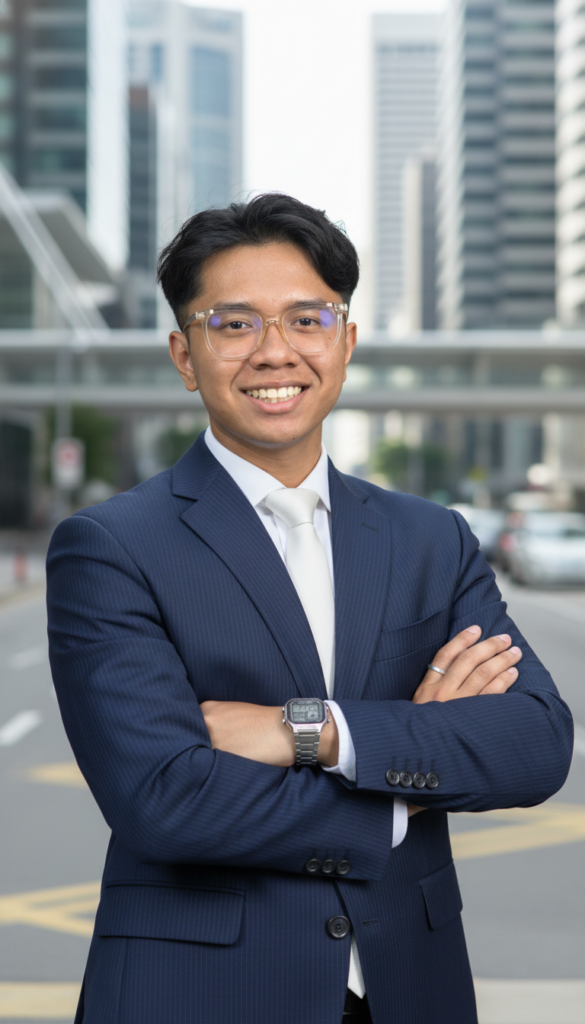 Corporate male professional in a blue suit standing outdoors in a financial district, edited via Vivid Media's AI portrait service Singapore.