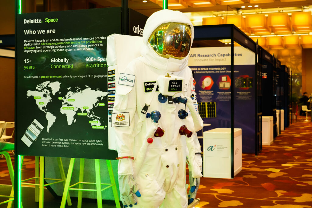The full-scale astronaut display suit showcased at the Deloitte Space exhibition booth  