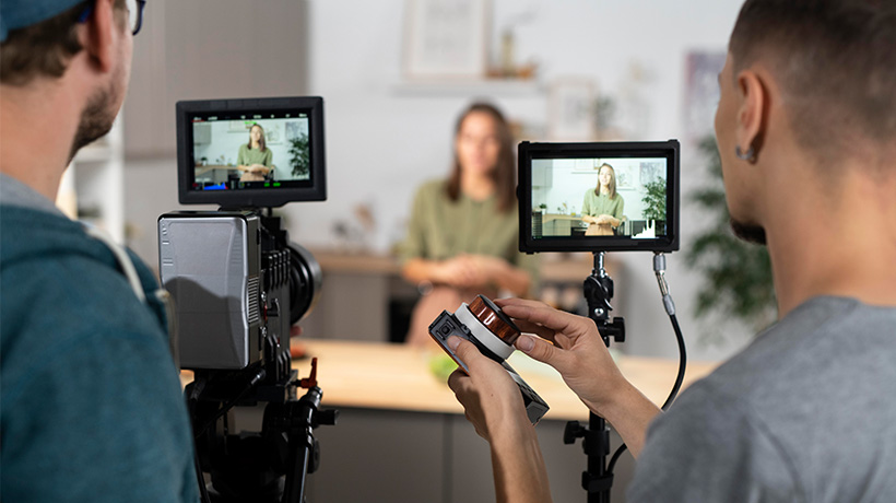 Video production setup with two camera operators filming person in home studio.