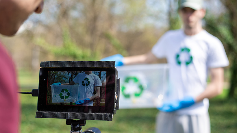 Filming a recycling campaign video for sustainability storytelling.