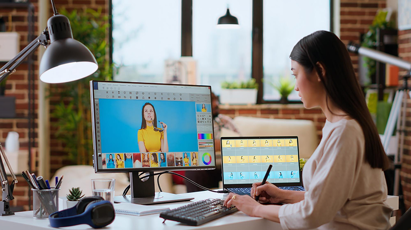 Editor retouching corporate headshots using a digital tablet.