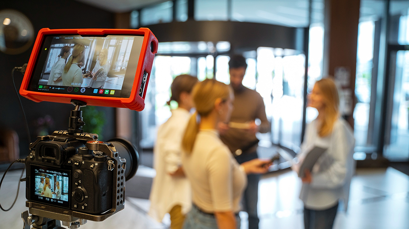 Professional video production team filming corporate content in office.